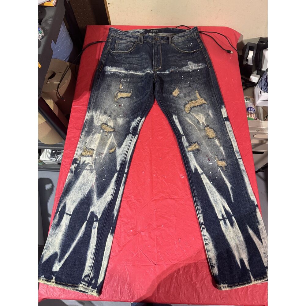 AKOO Men’s Bleach Distressed Streetwear Jeans - Size 34 Blue White Acid Wash
